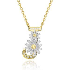Gold Sterling Silver Initial Necklace for Women with Daisies & Zirconia, Adjusta